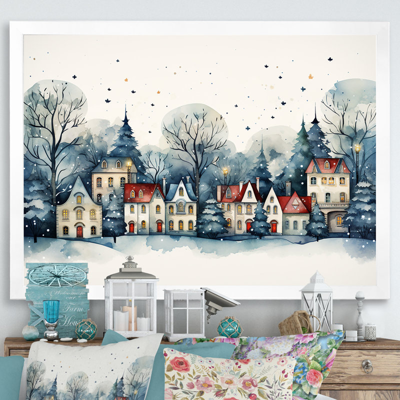 «Christmas Village In Winter I - Winter Landscape», art mural, Cadre de coin blanc fermé, H 24 po x l 32 po x P 1 po