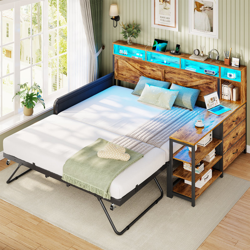 Daybed with Pop Up Trundle, Farmhouse Wooden Full Size Daybed Frame with 3 Storage Drawers and Shelves, Full Daybed with Charging Station and LED Lights for Bedroom, Guest Room