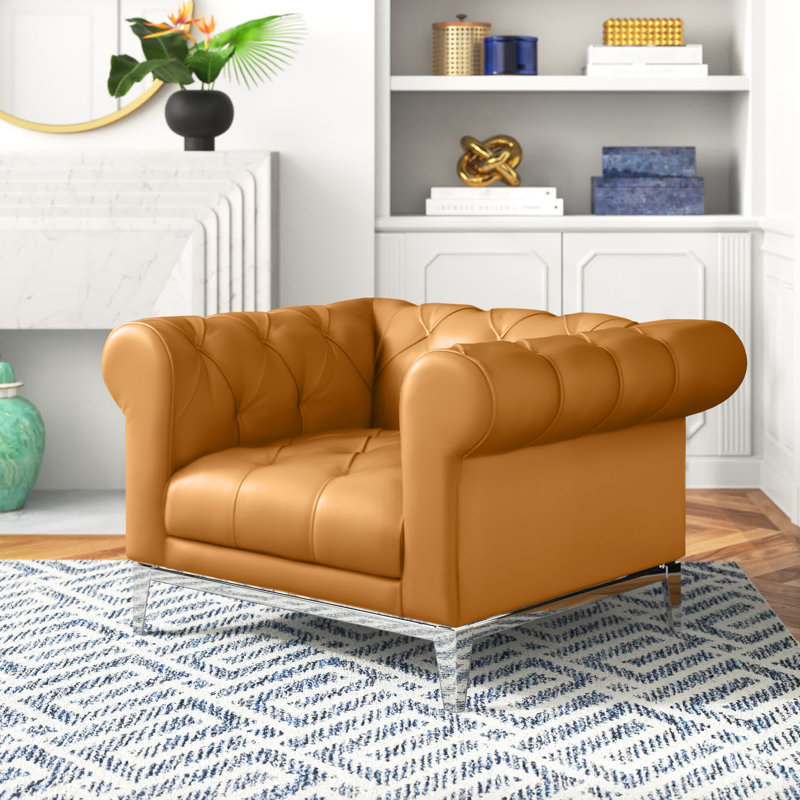 Idyll Tufted Button Upholstered Leather Chesterfield Armchair, Tan Genuine Leather