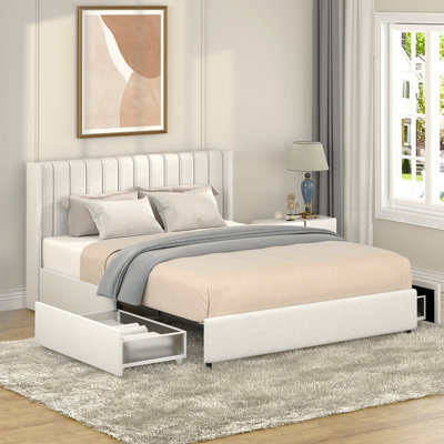 Anda Patented 2-Drawers Storage Bed Queen Size Boucle Upholstered Platform Bed, Tufted Headboard, Wooden Slat Mattress Support, No Box Spring Needed