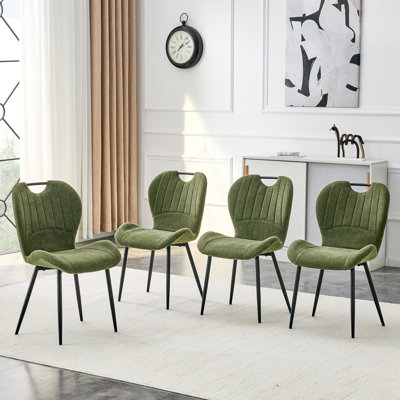 Ensemble de 4 chaises de salle à manger en tissu vert olive avec poignée intégrée. Structure en métal noir, pieds réglables. Chaises de salle à manger à domicile avec coussin confortable extra-large, polyvalent pour un usage d'étude ou de coiffeuse.
