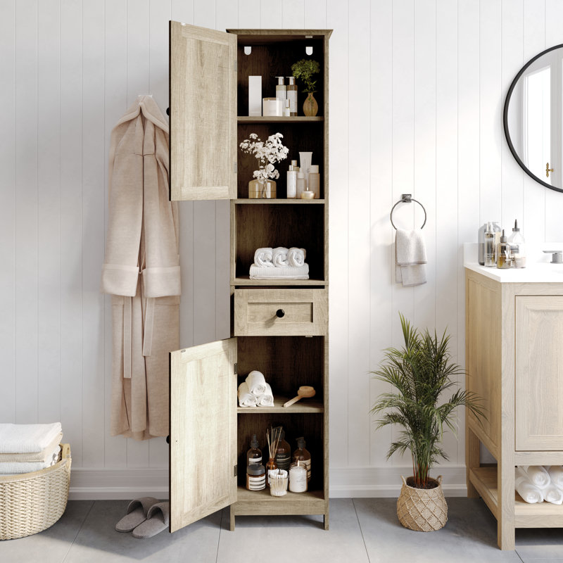 Dune Farmhouse Freestanding Linen Tower with Shelves, Drawer, and Doors, Natural