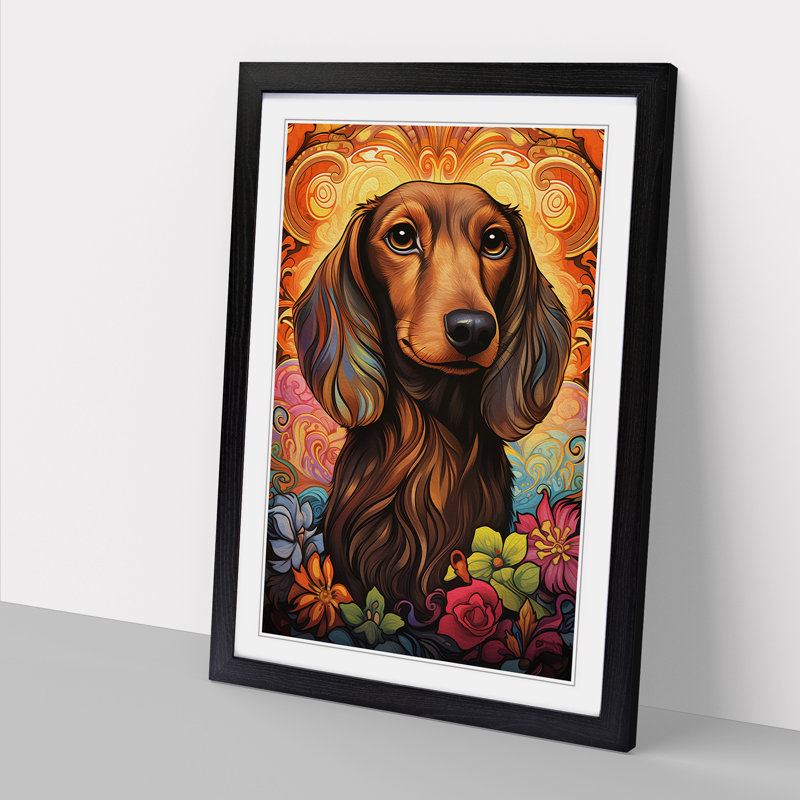 Dachshund Nouveau - Single Picture Frame Print on Wood, Black Framed, 64cm H x 46cm W x 2cm D
