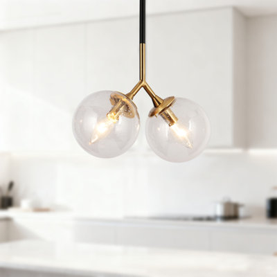 Luminaire suspendu sphère 2 lumières noir et or avec abat-jour en verre bullé