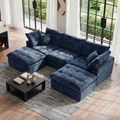 110" Cloud Sectional Couches L-Shaped Modular Boneless Chenille Sofa Couches With 2 Deep Seat Ottoman And Side Pockets, Module Combination For Living Room 3 Seater