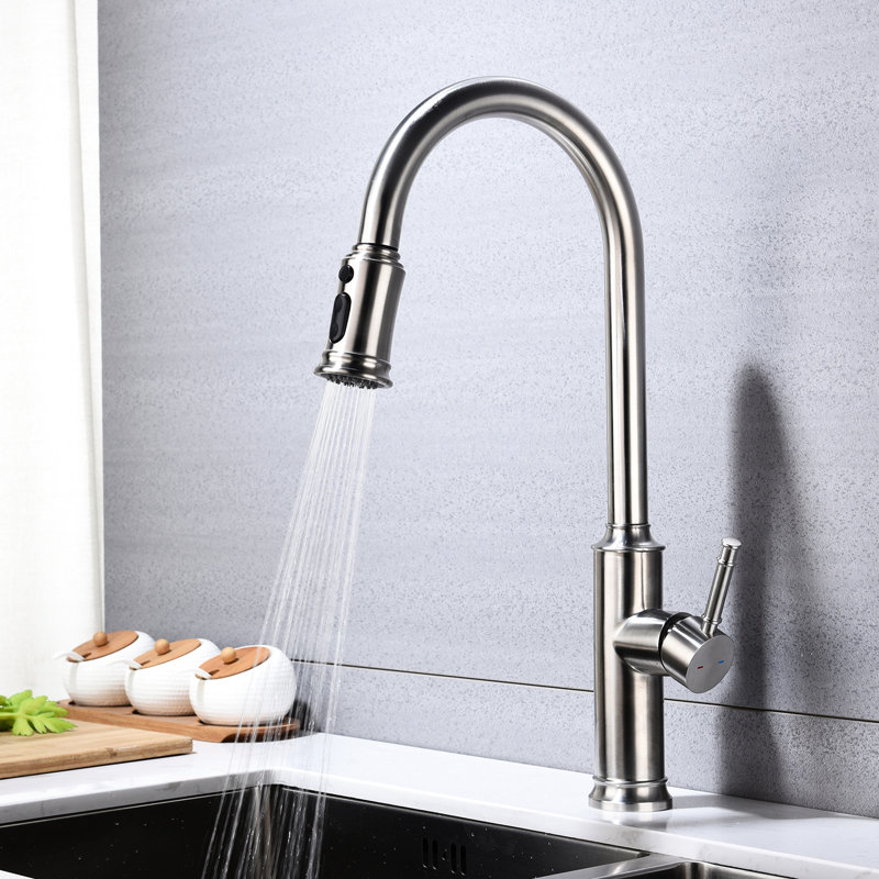 Brushed Nickel Kitchen Faucet With Pullout Spray, Stainless Steel Crafted, 360 Rotating Nozzle For User- Experience, Corrosion And Rust Coating, Single Handle Water Temperature & Flow Control Unit