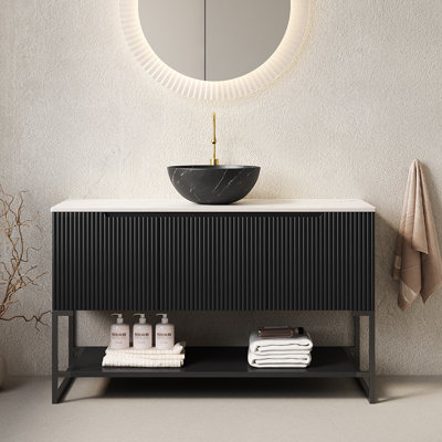 Tulio 48" Bathroom Vanity With Sink, Freestanding Bathroom Storage Cabinet With 3 Doors And Open Shelf, Black Bowl Ceramic Basin With Stone Pattern And Carrara White Sintered Stone Countertop, Black 