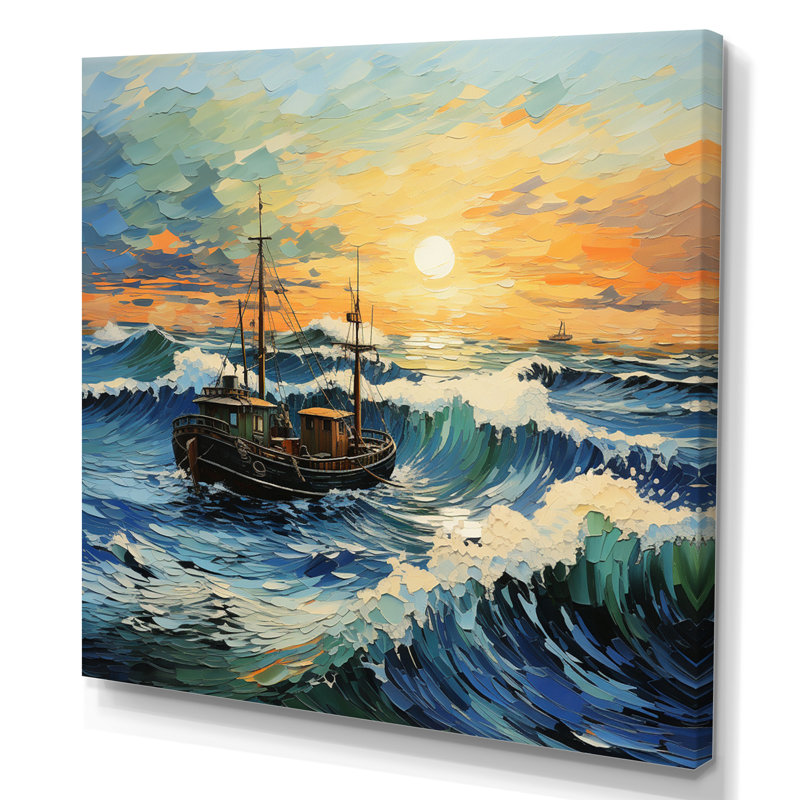 Vangogh paysage marin avec pêche en V, H 36 po x l 36 po x P 1,5 po, Toile tendue