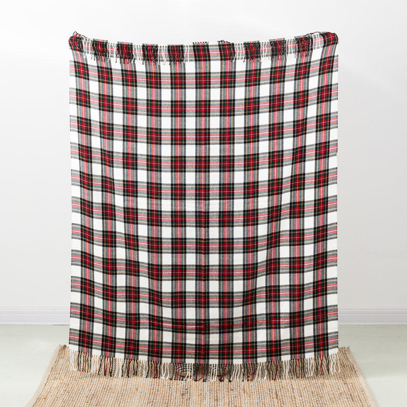 Red and White Plaid Acrylic Fringe Throw Blanket