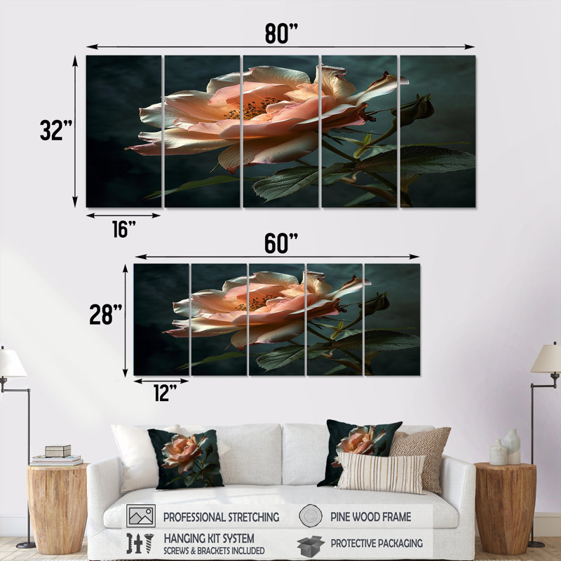Rose rose en gros plan - art mural sur toile rose 5 pièces, H 32 po x l 80 po