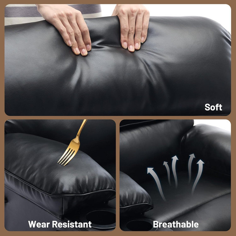Fauteuil inclinable manuel en polyuréthane extra large avec massage et chaleur, grand fauteuil pour salon, Noir