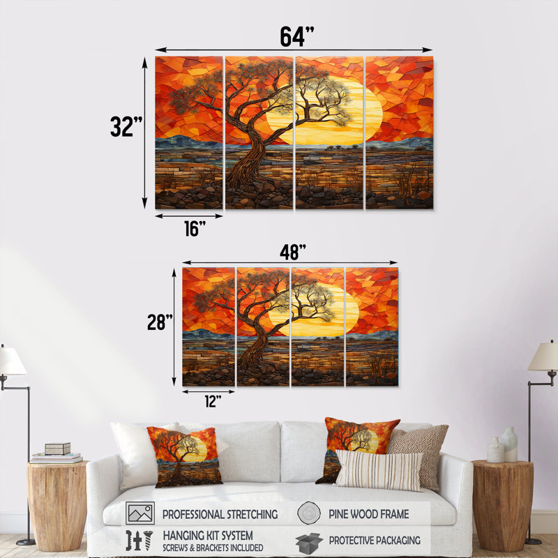 «Savannah Sunset In African Safari Hues IV - Boho Mosaic», art mural 4 pièces, H 28 po x l 48 po