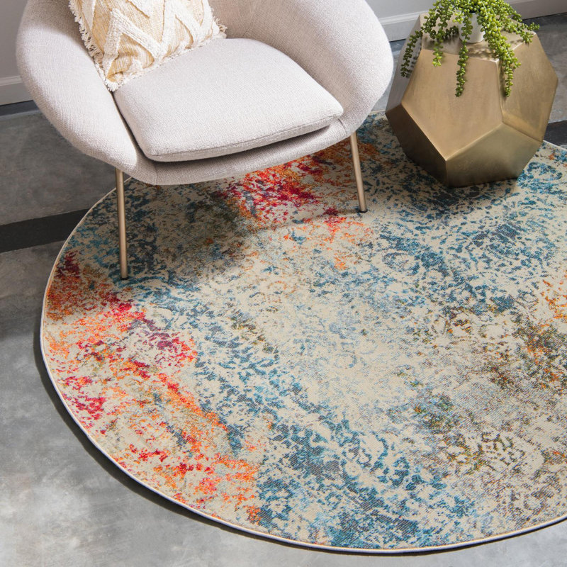 Tapis oriental bleu / rouge / orange / crème Folmar, Round 7'1"