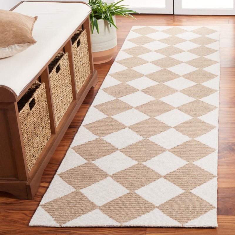Reauna 300 Hand Tufted Wool/Cotton with Latex Checkered Rug in Beige/Ivory, Runner 2'3" x 14'