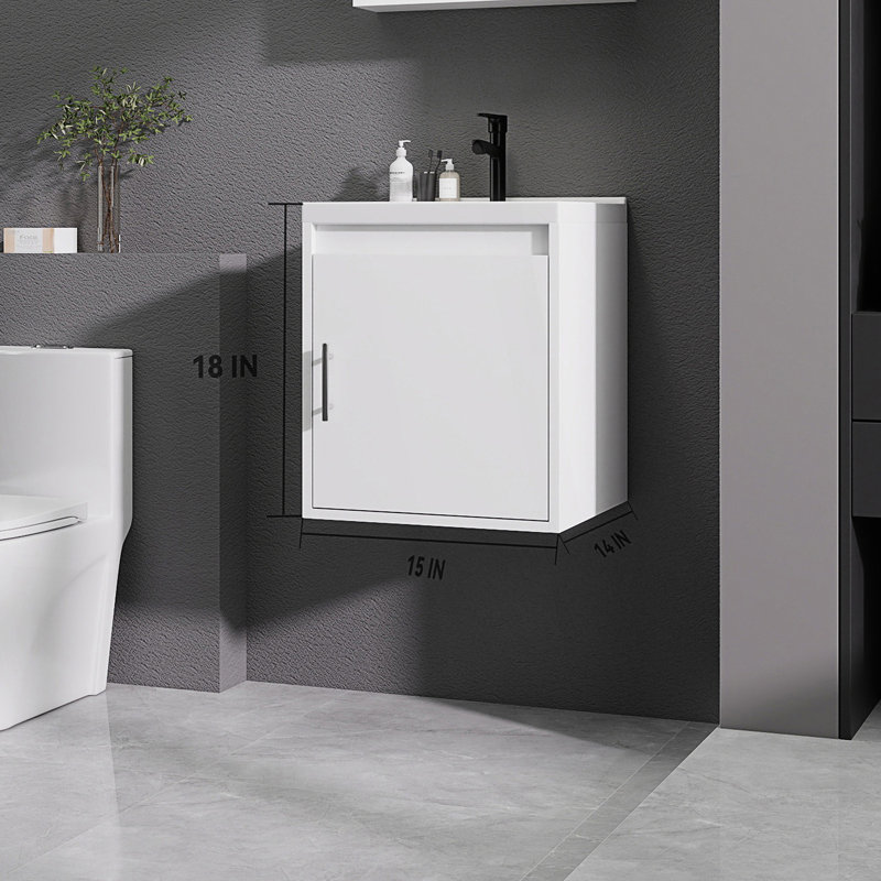 Meuble-lavabo de salle de bain avec lavabo en céramique et porte d'armoire à fermeture en douceur, Blanc, 16"