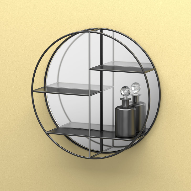 Decorative Round Wall Mirror with 3 Shelves | Wall Mounted 26 1/3" Dia. Shelf Mirror