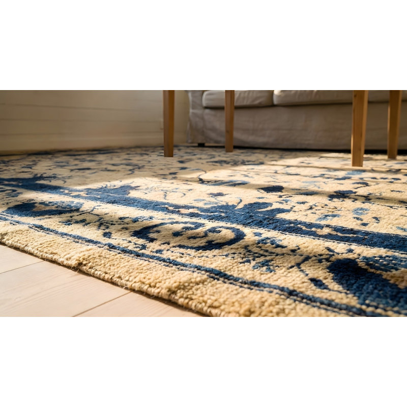 Tapis chinois antique ivoire et bleu Pékin