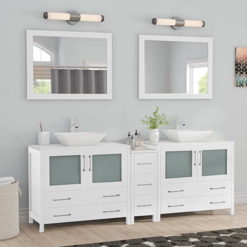  Wooden 84" Freestanding Double Sink Bathroom Vanity with Engineered Marble Top and Matching Mirrors, White
