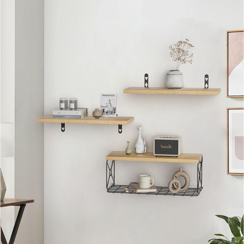 Floating Shelves Set of 3, Rustic Mounted Shelf with Metal Basket, Wall Shelves, Natural