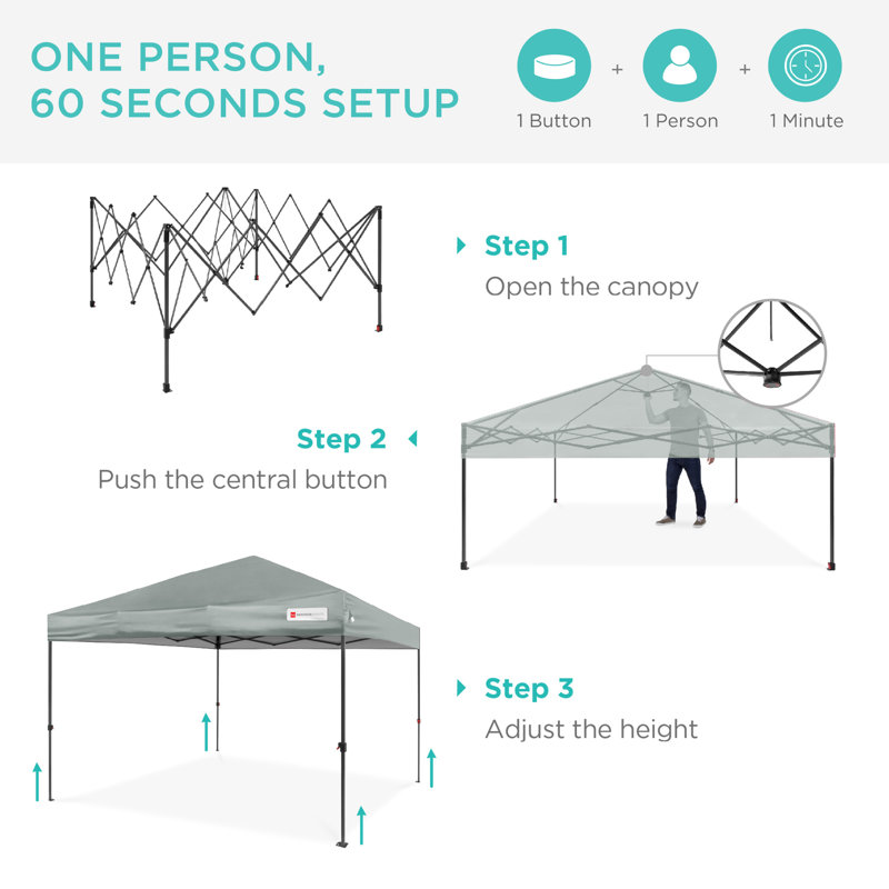 Best Choice Products Easy Setup Pop Up Canopy W/ 1-Button Setup, Wheeled Case, 4 Weight Bags, Silver, 12ft x 12ft