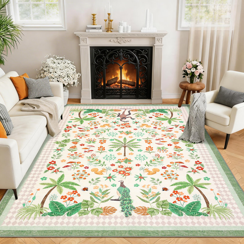 Tapis pour animaux Jungle 5 x 7, Beige / vert / rouge, Rectangle 5 pi x 7 pi