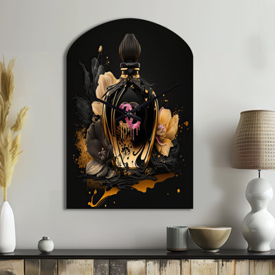 Chic Black And Gold Perfume Bottle II - Arch Fashion Metal Wall Clock, Black Wall Clock Print