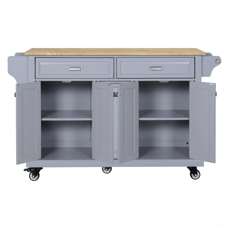 Kitchen Island With Rubber Wood Countertop, Kitchen Cart On 5 Wheels With Storage Cabinet And 2 Top Drawers And A Center Double Layered Storage Drawer For Dinning Room