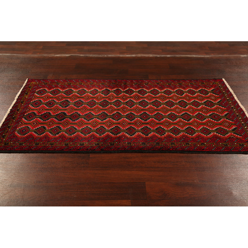 Tapis rouge Balouch en laine nouée à la main de conception unique 3 pi 4 po x 6 pi 3 po Triana