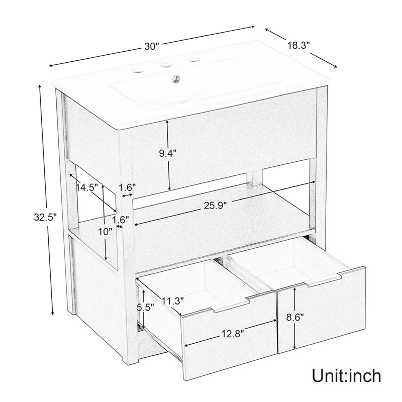 Meuble-lavabo 30 po avec comptoir d'évier, armoire de salle de bain avec tablette de rangement ouverte et deux tiroirs