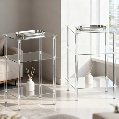 Modern 3-Tier Side Table Set Of 2 With Tempered Glass Shelves, Acrylic End Table For Small Spaces, Bedroom, Living Room, Office And Study
