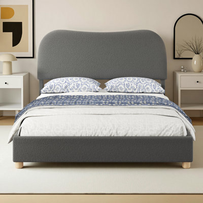 Upholstered Boucle Platform Bed with Curved Shaped Headboard & Soft Rounded Corners