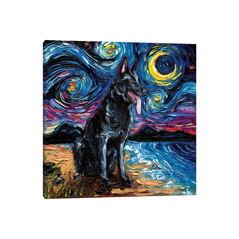 Black German Shepherd Night by Aja Trier - Wrapped Canvas Painting, 30.48 cm H x 30.48 cm W