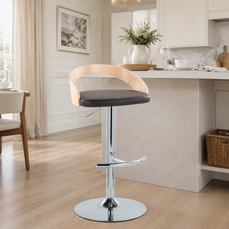 Tabouret de bar réglable avec pivot en métal chromé, bois naturel et similicuir brun avec repose-pieds arrondi en T - ensemble de 3