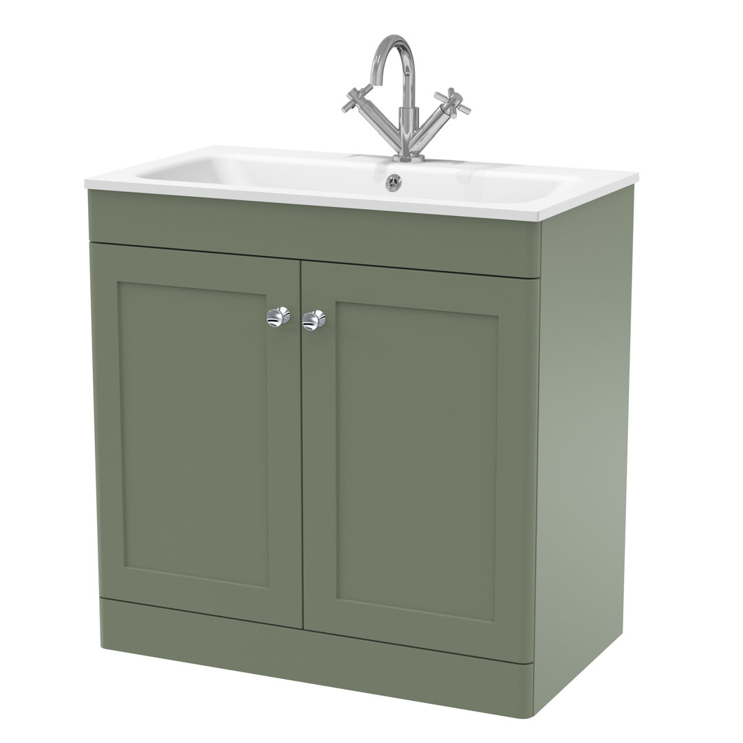 Nuie Satin Green Classique 2 Door Vanity Unit And White Stone Basin | | Mfc | 800Mm - Image 2