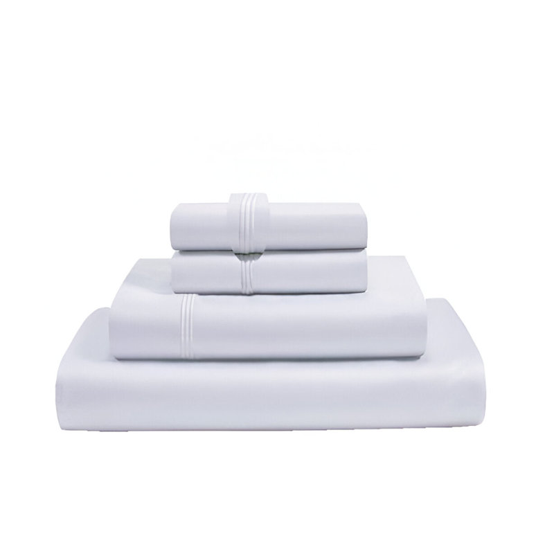 400TC Luxurious Triple Embroidery Sateen Solid Cotton 4 Piece Sheet Set Fitted Sheet Fits Upto 16" Deep Pocket, White