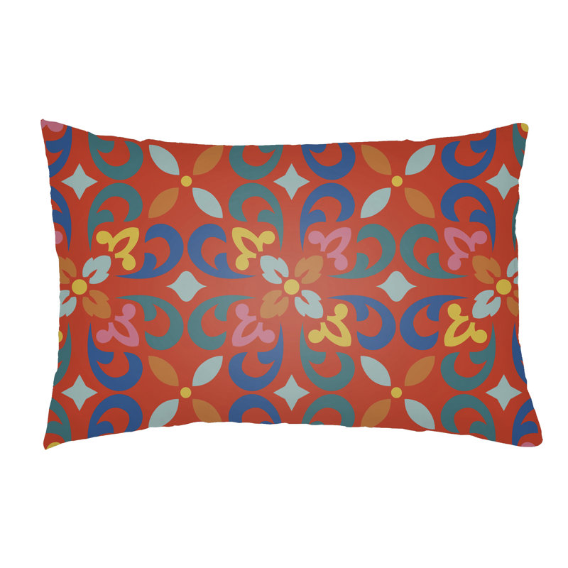 Floral Outdoor Throw Pillow, Teal/Kelly Green, 14" H x 24" W x 3" D