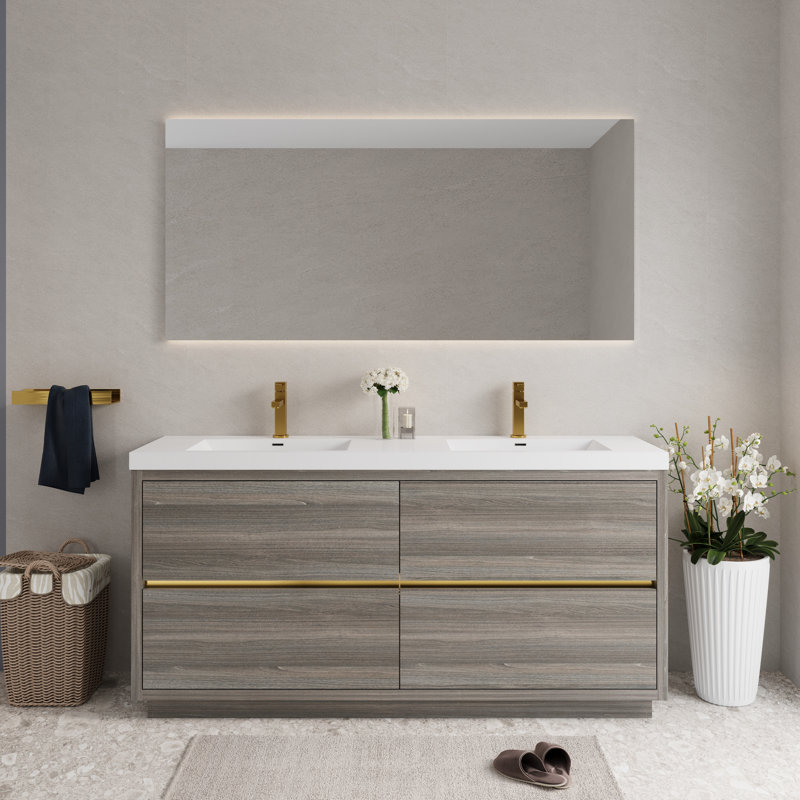 72" Freestanding Double Bathroom Vanity Modern Style Vanity with Integrated Solid Surface Countertop and 2 Sinks, 4 Soft Close Drawers