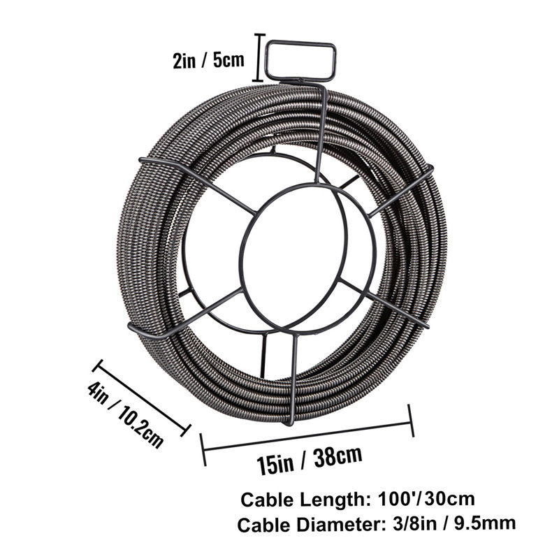 Professional Drain Cleaning Cable Kit - 100ft x 3/8" Solid Core Steel Sewer Snake with Cutter Attachments & Gloves for Kitchen, Bathroom & Floor Drains