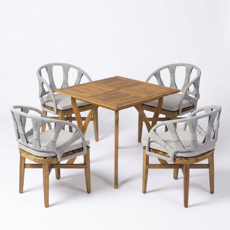Ensemble repas d'extérieur en bois d'acacia pour 4 personnes avec dossier et coussins en osier Nautira, Grey Wicker/Teak