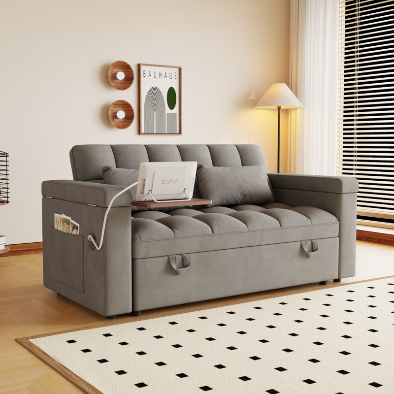 Omorf 65" Upholstered Tufted Convertible Sleeper Sofa with USB Ports & Storage function, Dark Gray