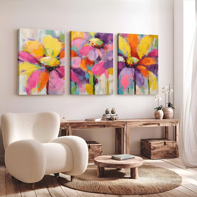 Ensemble de 3 toiles abstraites florales aux couleurs vives, H 30 po x l 60 po