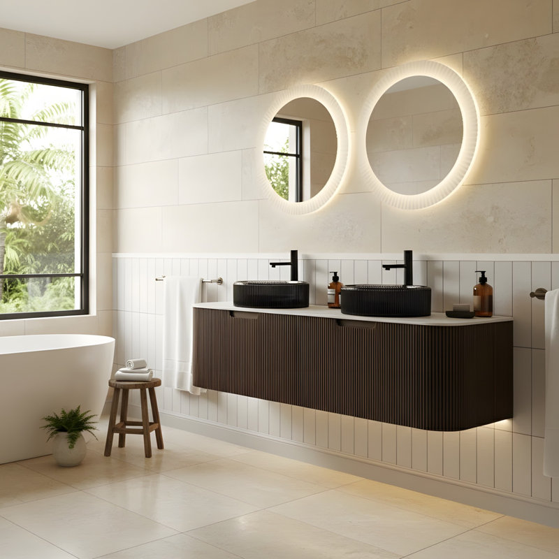 Meuble-lavabo mural 60 po avec 2 lavabos ronds noirs transparents et 2 tiroirs, 60"
