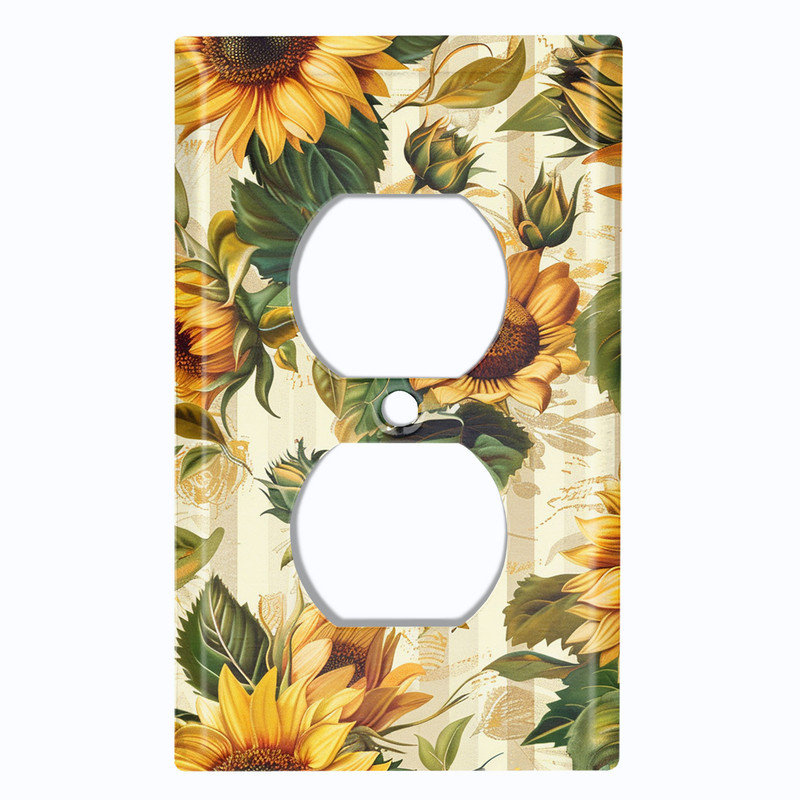 Couvercle de plaque d'interrupteur en métal; US Gang de taille standard - Tournesols rétro, Prise double # 8