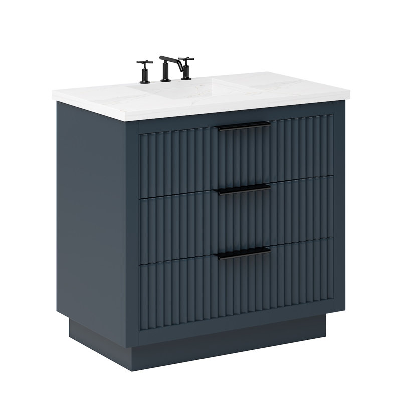 Lecrieú Three-Drawer Single Bath Vanity, Matte Black, 30", Hague Blue