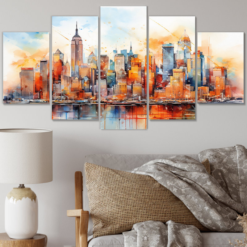 «Dreamy New York Scenery Retro Watercolor VI - City New York Wall Art Print», 5 panneaux