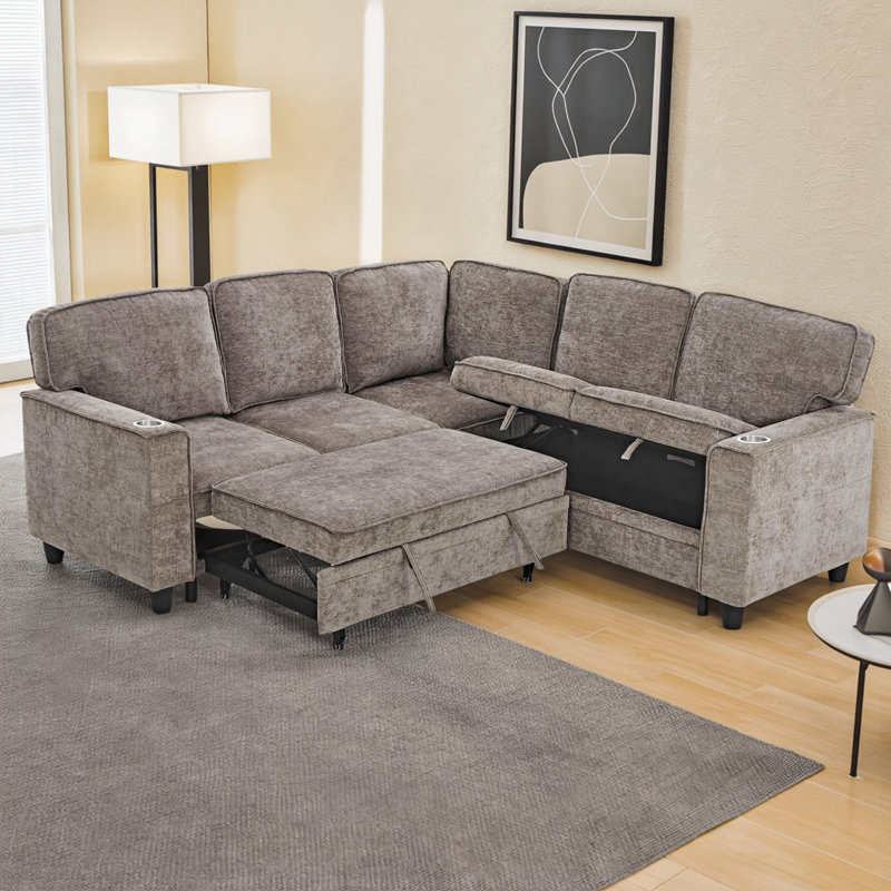 85” Reversible Sectional Sofa with Pull-Out Bed, Storage, Cup Holders & USB Charging , L-Shaped Couch for Living Room, Light Brown Chenille Upholstered  