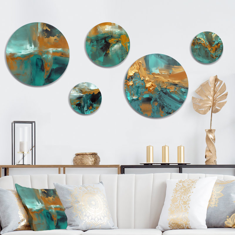 Teal and Gold Abstract Round Metal Wall Art Set