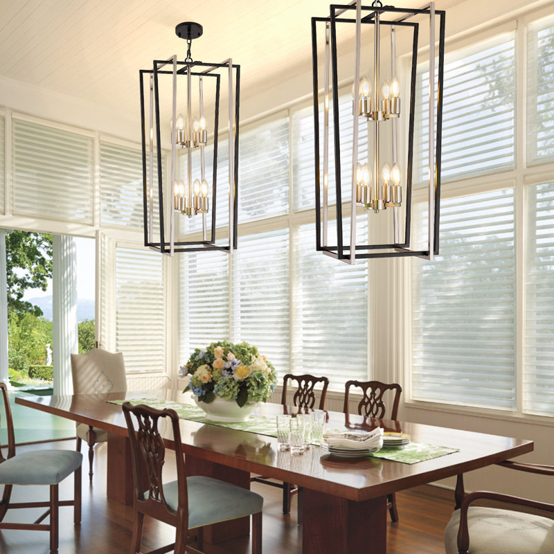 8 - Light Dimmable Lantern Geometric Chandelier, Black/Silver