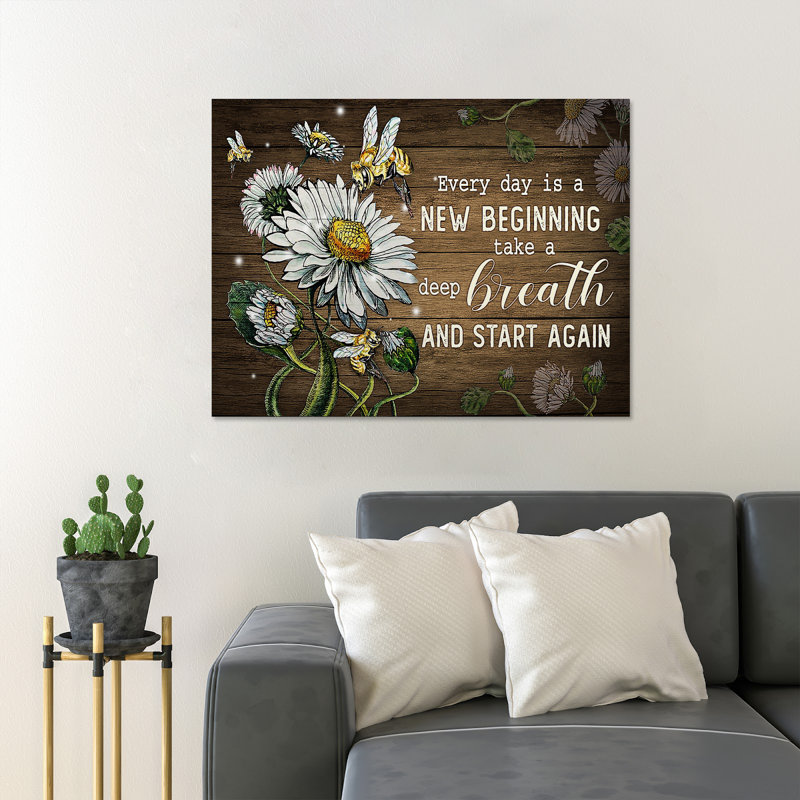 «Bees and Flowers - Every Day Is A New Startning Take A Deep Breath And Recommencer» - 1 pièce, reproduction d'art graphique sur toile tendue