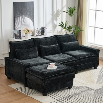 99'' Sectional Cloud Deep Seat Couch, Modern Comfy Chenille L Shaped Sectional Sofa For Living Room Set, Upholstered 4-Seats Sofa Couch With Movable Ottoman